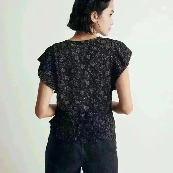 Madewell - women’s flutter sleeve warp Top in floral lurex black blouse SzL NWOT - Picture 2 of 9